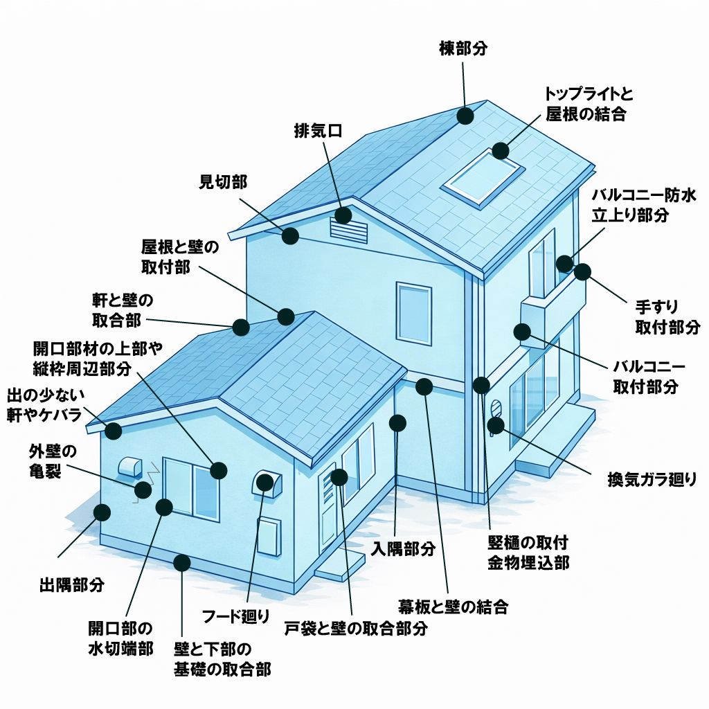 屋根や外壁、サッシ、ベランダなど雨水が入りやすい箇所を示した住宅図